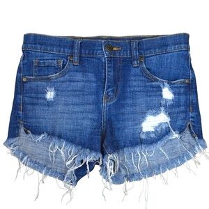 Eunina Cleo Denim Mid Rise Distressed Raw High Low Shortie Shorts, Size Small